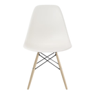 The white shell Eames Molded Plastic Side Chair Dowel-Leg Base from Herman Miller with the black base and white oak legs.