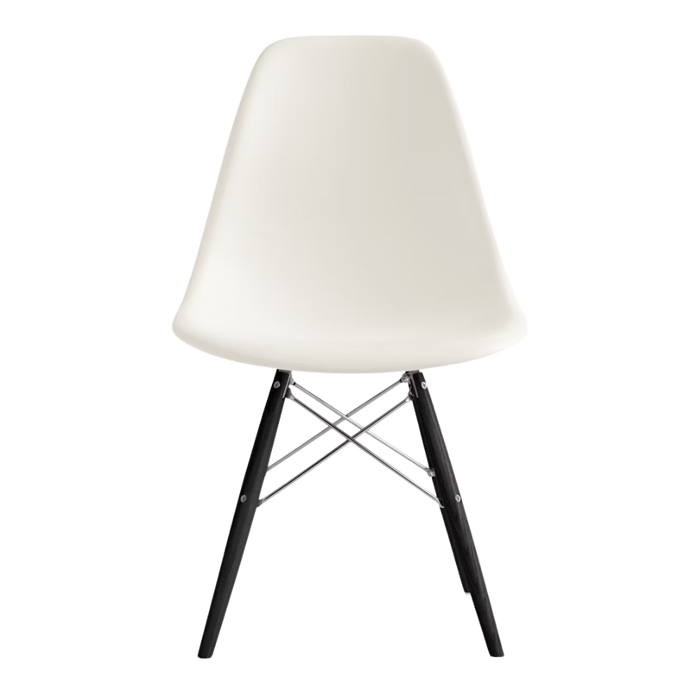 The white shell Eames Molded Plastic Side Chair Dowel-Leg Base from Herman Miller with the trivalent chrome base and ebony legs.