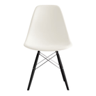 The white shell Eames Molded Plastic Side Chair Dowel-Leg Base from Herman Miller with the trivalent chrome base and ebony legs.
