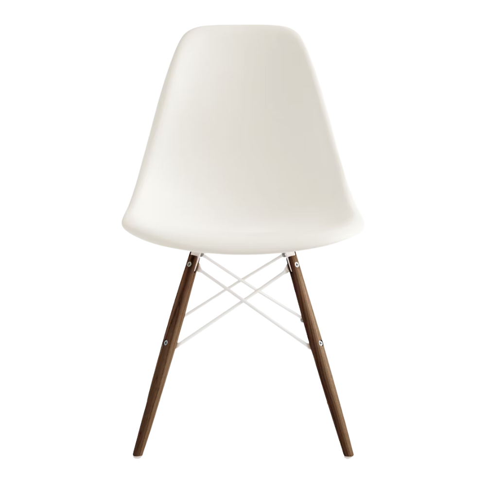 The white shell Eames Molded Plastic Side Chair Dowel-Leg Base from Herman Miller with the white base and walnut legs.