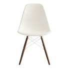 The white shell Eames Molded Plastic Side Chair Dowel-Leg Base from Herman Miller with the white base and walnut legs.