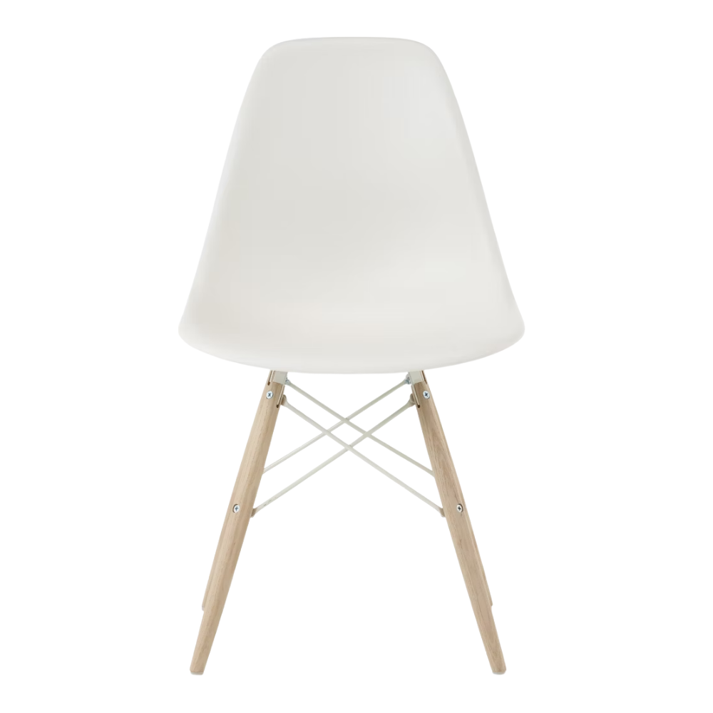 The white shell Eames Molded Plastic Side Chair Dowel-Leg Base from Herman Miller with the white base and white oak legs.