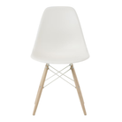 The white shell Eames Molded Plastic Side Chair Dowel-Leg Base from Herman Miller with the white base and white oak legs.