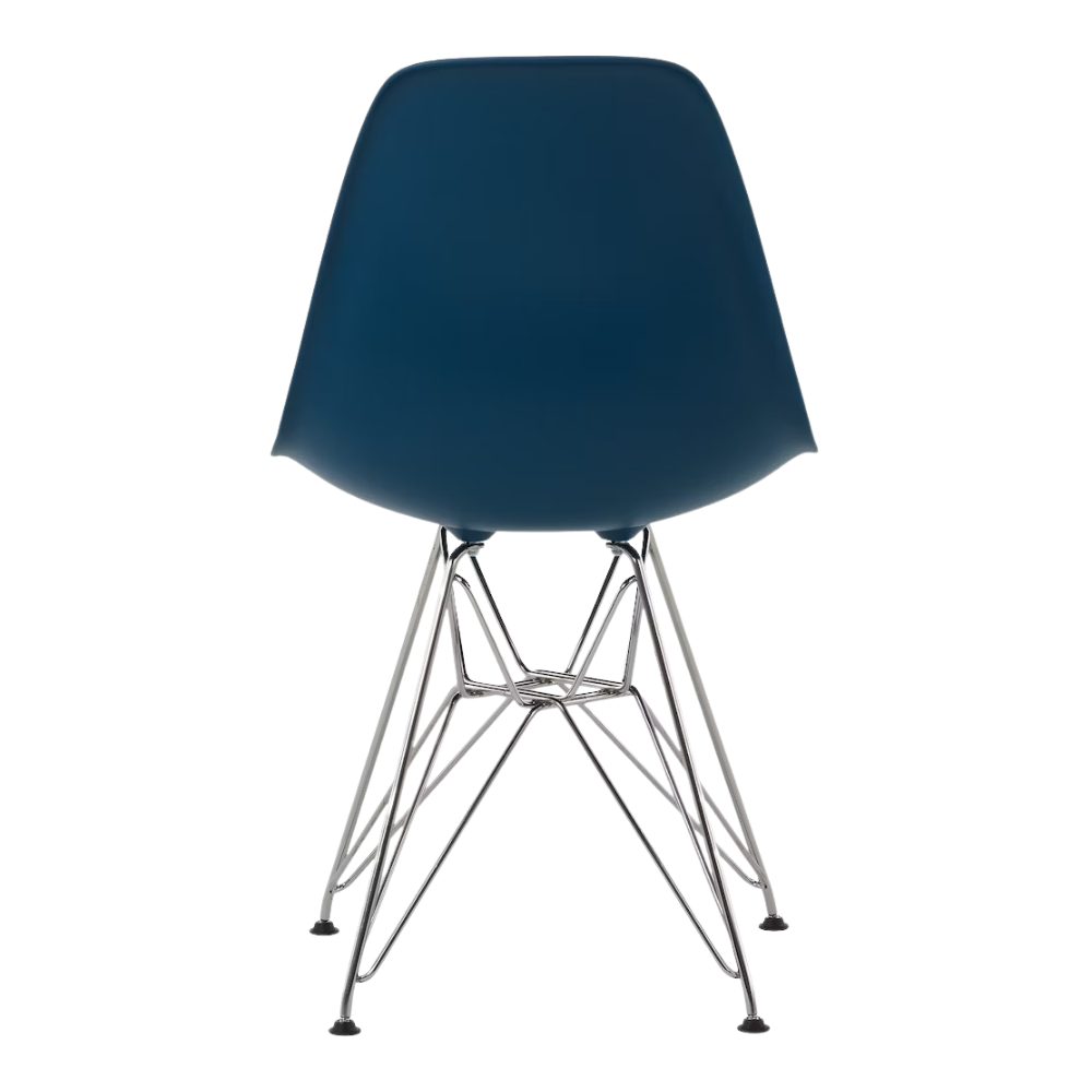 The blue green shell Eames Molded Plastic Side Chair Wire Base from Herman Miller with trivalent chrome base from the back.