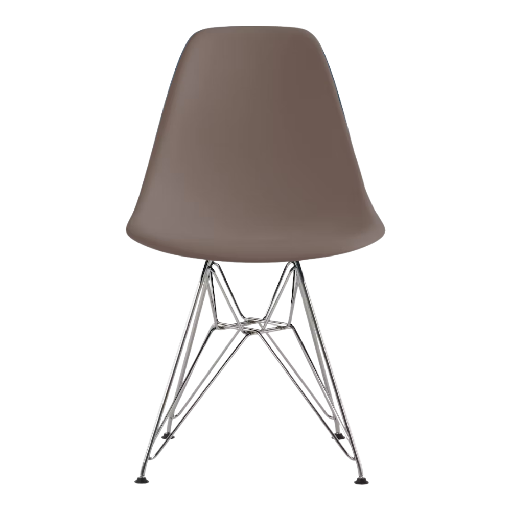 The cocoa shell Eames Molded Plastic Side Chair Wire Base from Herman Miller with trivalent chrome base.