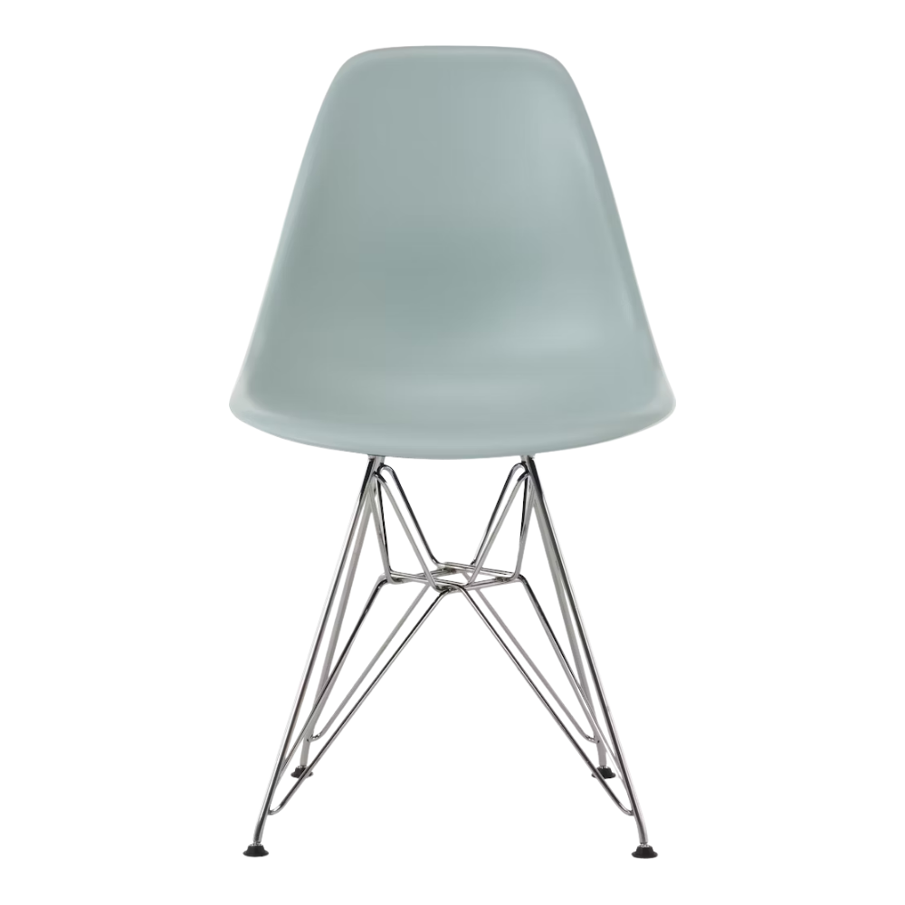 The gray green shell Eames Molded Plastic Side Chair Wire Base from Herman Miller with trivalent chrome base.