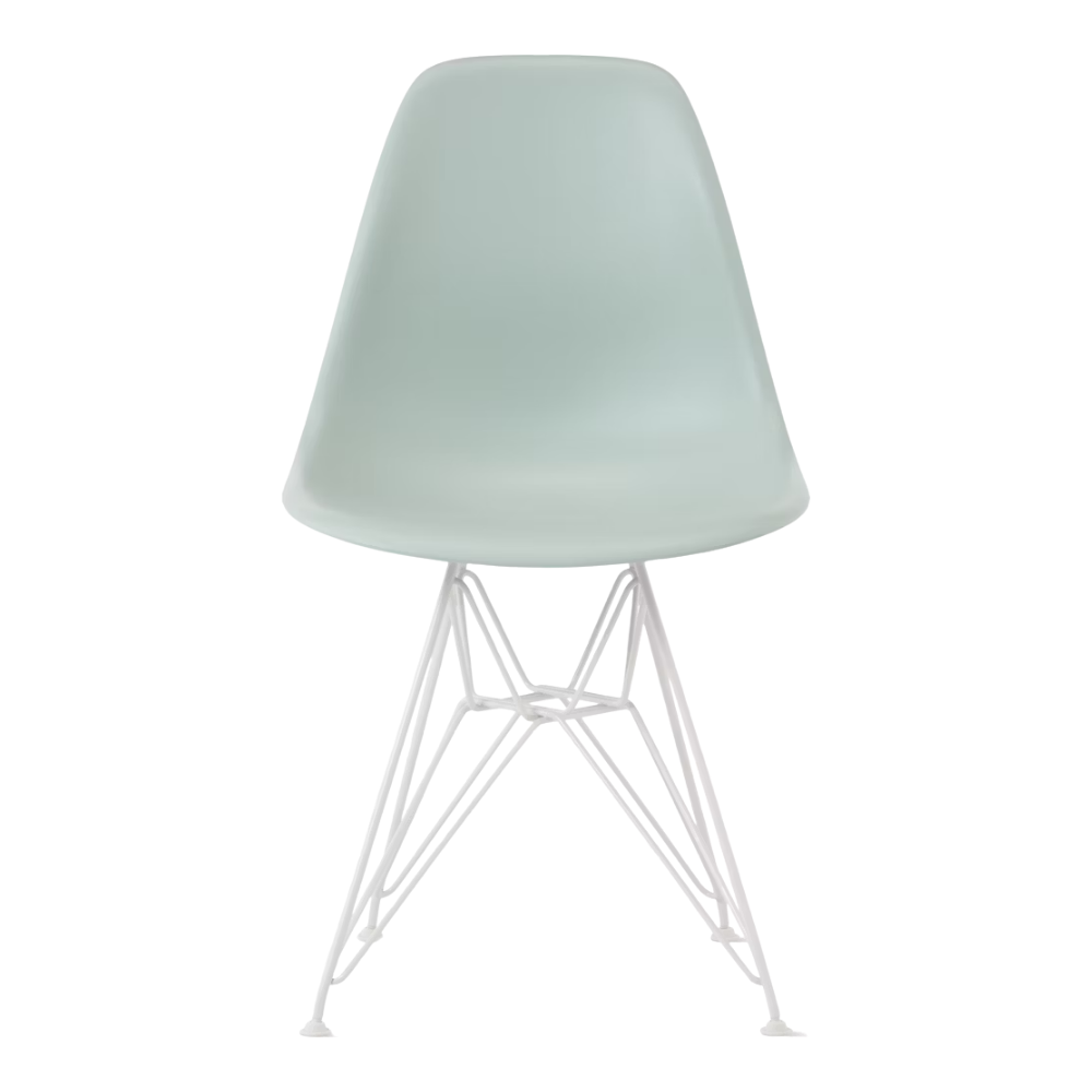 The gray green shell Eames Molded Plastic Side Chair Wire Base from Herman Miller with white base.