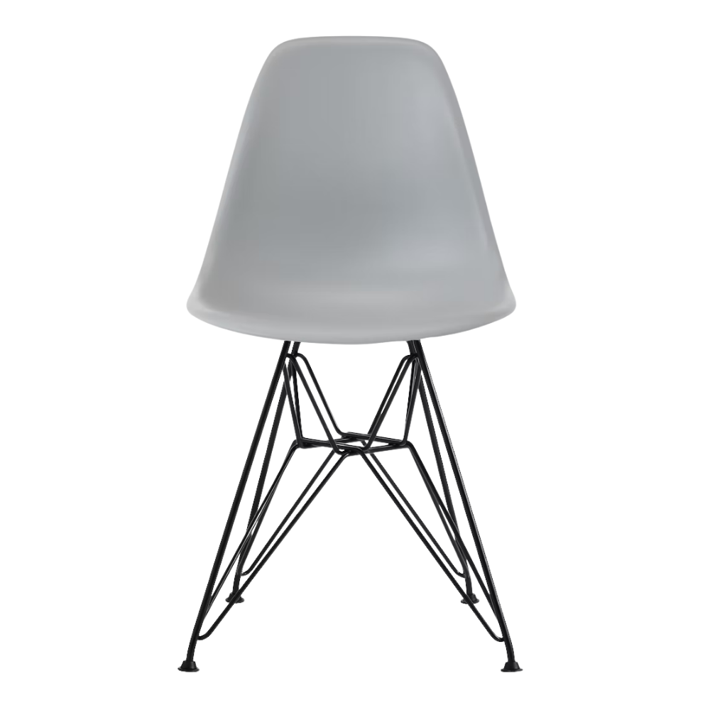 The light gray shell Eames Molded Plastic Side Chair Wire Base from Herman Miller with black base.