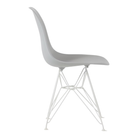 The light gray shell Eames Molded Plastic Side Chair Wire Base from Herman Miller with white base from the alternate side.
