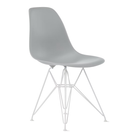 The light gray shell Eames Molded Plastic Side Chair Wire Base from Herman Miller with white base from an angle.
