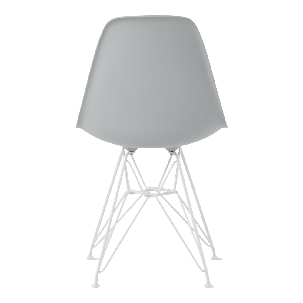 The light gray shell Eames Molded Plastic Side Chair Wire Base from Herman Miller with white base from the back.