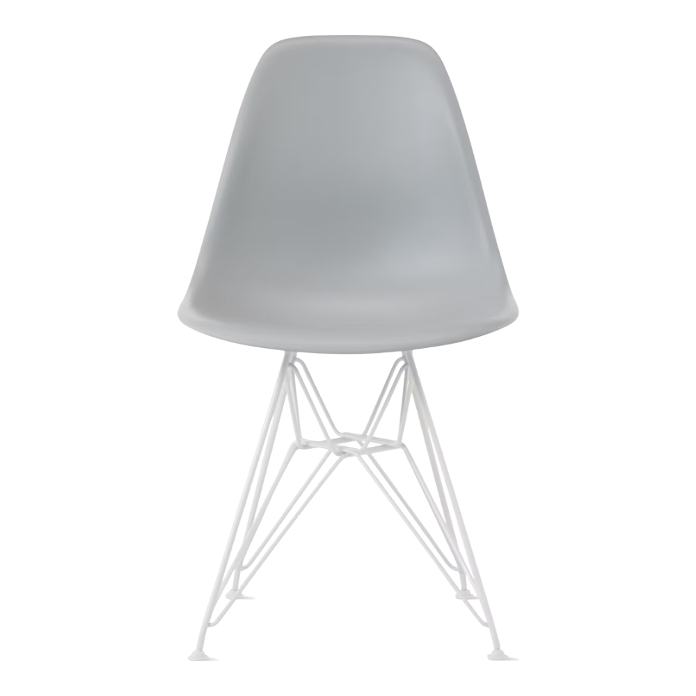 The light gray shell Eames Molded Plastic Side Chair Wire Base from Herman Miller with white base.