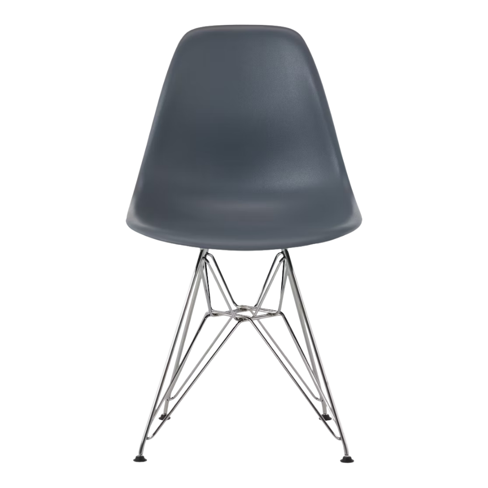 The medium gray shell Eames Molded Plastic Side Chair Wire Base from Herman Miller with trivalent chrome base.