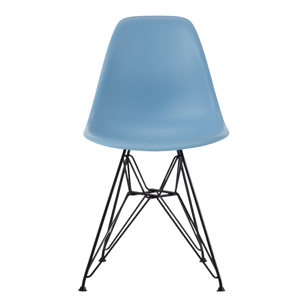 The pale blue shell Eames Molded Plastic Side Chair Wire Base from Herman Miller with black base.