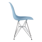 The pale blue shell Eames Molded Plastic Side Chair Wire Base from Herman Miller with trivalent chrome base from the side.