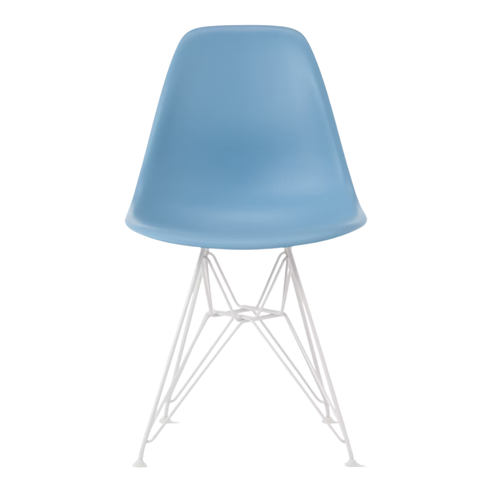 The pale blue shell Eames Molded Plastic Side Chair Wire Base from Herman Miller with white base.