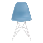 The pale blue shell Eames Molded Plastic Side Chair Wire Base from Herman Miller with white base.