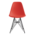The red orange shell Eames Molded Plastic Side Chair Wire Base from Herman Miller with black base.