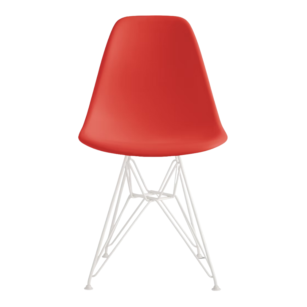 The red orange shell Eames Molded Plastic Side Chair Wire Base from Herman Miller with white base.