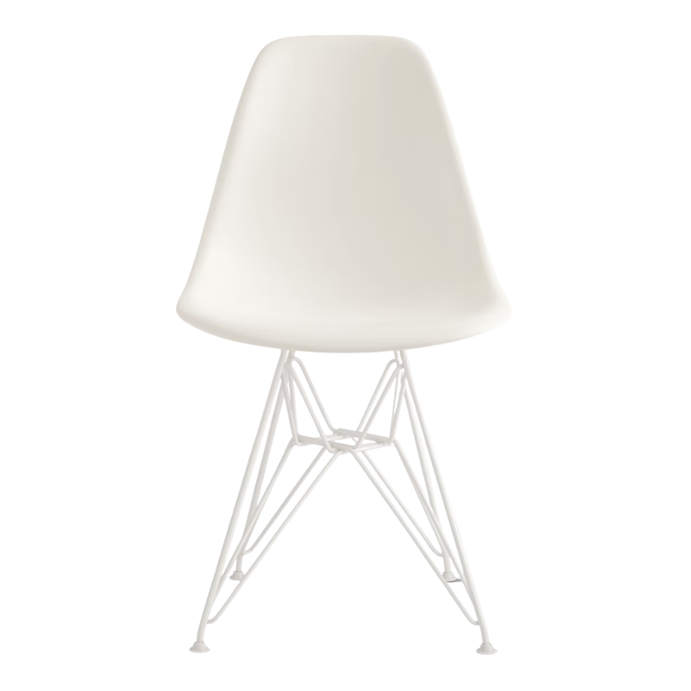 The white shell Eames Molded Plastic Side Chair Wire Base from Herman Miller with white base.