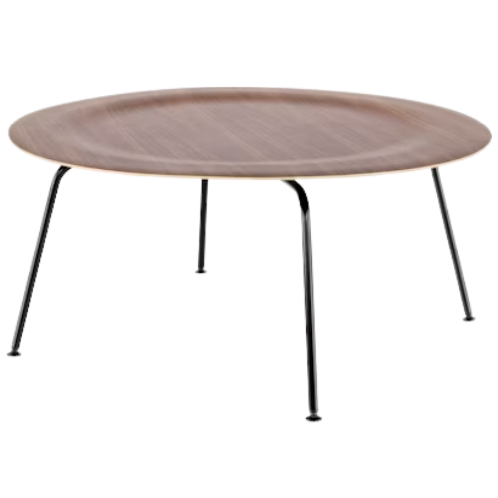 The Eames Molded Plywood Coffee Table Metal Base from Herman Miller with the walnut top and black base.
