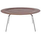 The Eames Molded Plywood Coffee Table Metal Base from Herman Miller with the walnut top and trivalent chrome base at an angle.