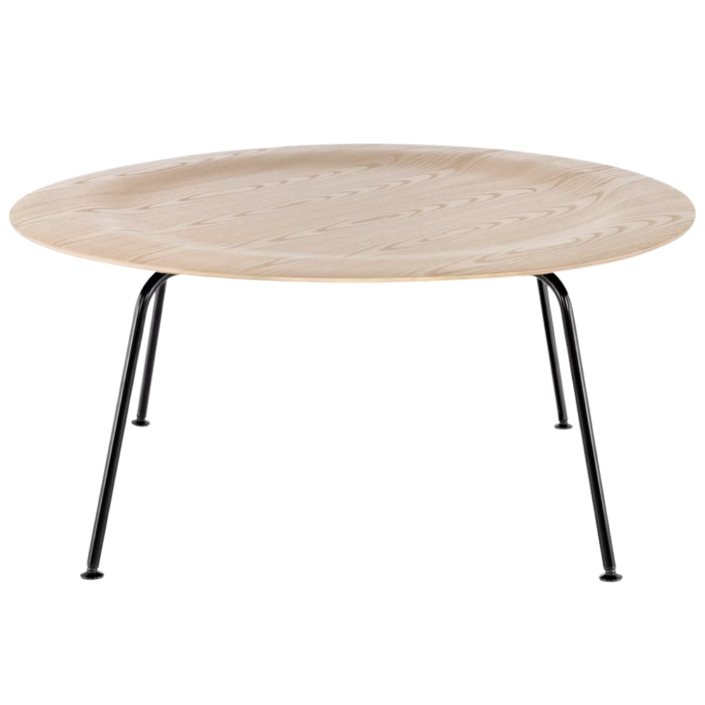 The Eames Molded Plywood Coffee Table Metal Base from Herman Miller with the white ash top and black base.