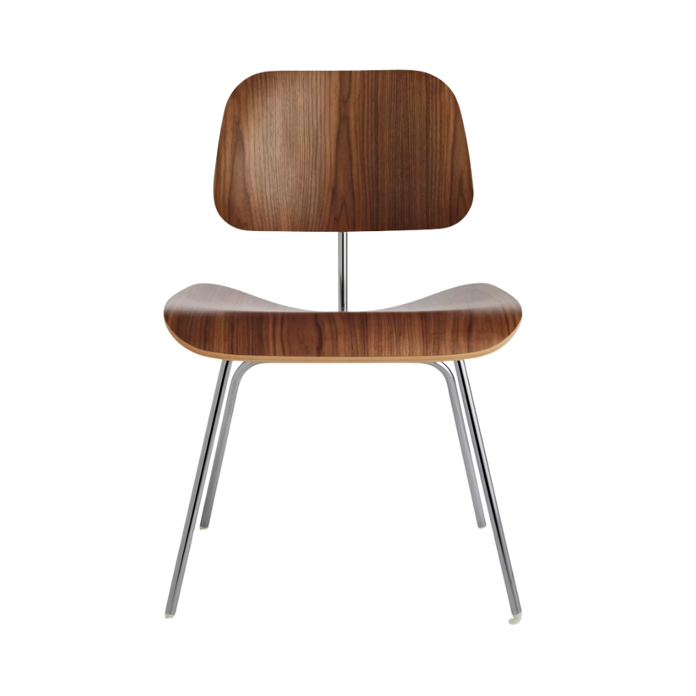 The Eames Molded Plywood Dining Chair Metal Base from Herman Miller with the santos palisander shell and trivalent chrome legs.