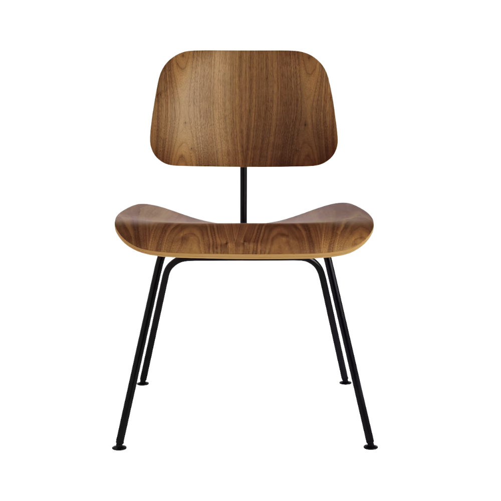 The Eames Molded Plywood Dining Chair Metal Base from Herman Miller with the walnut shell and black legs.