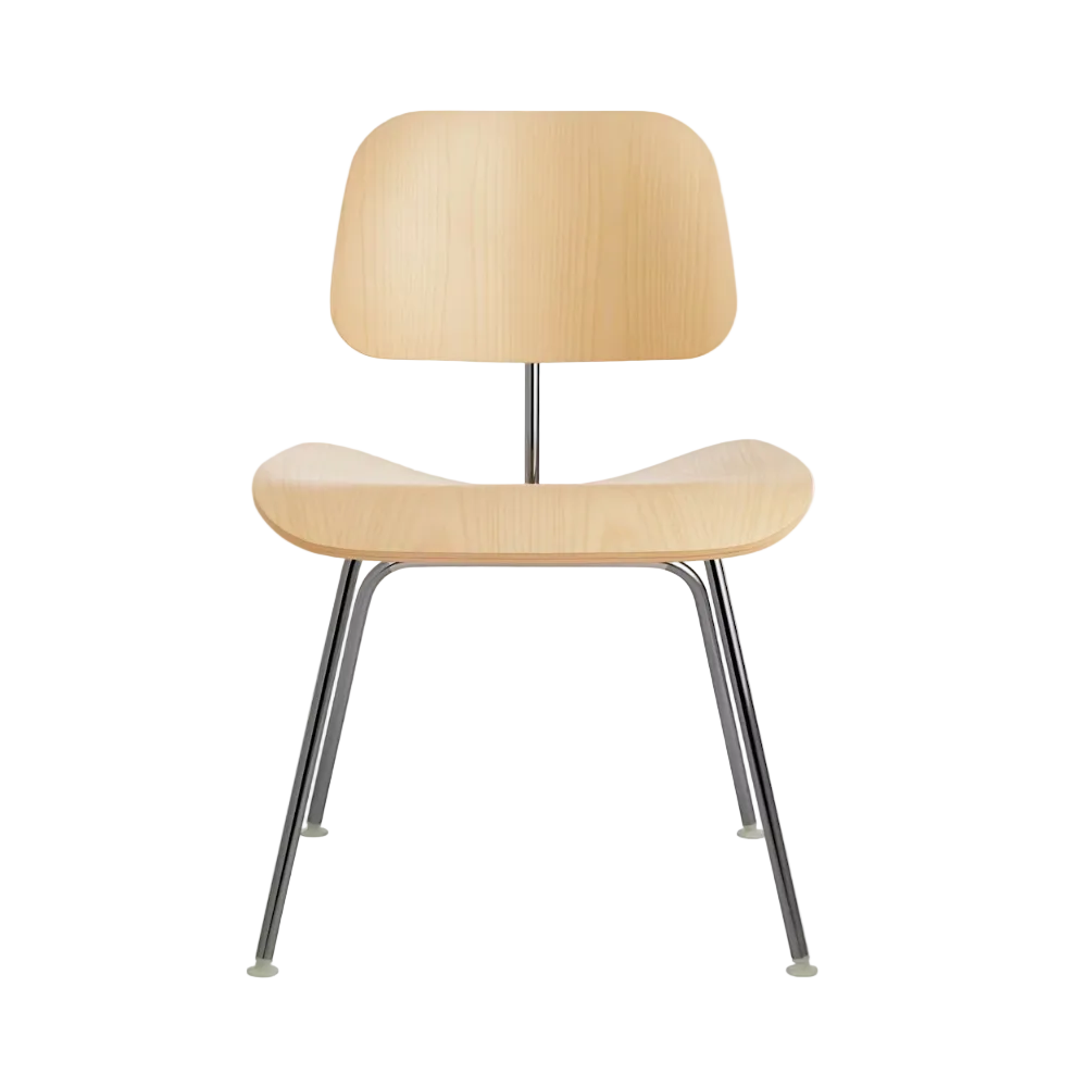 The Eames Molded Plywood Dining Chair Metal Base from Herman Miller with the white ash shell and trivalent chrome legs.