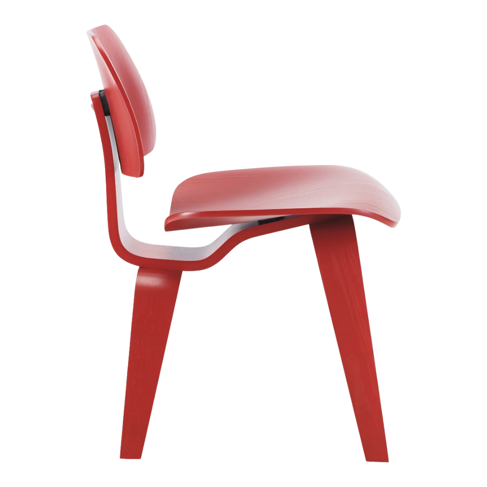 The red stained birch Eames Molded Plywood Dining Chair Wood Base from Herman Miller from the side.
