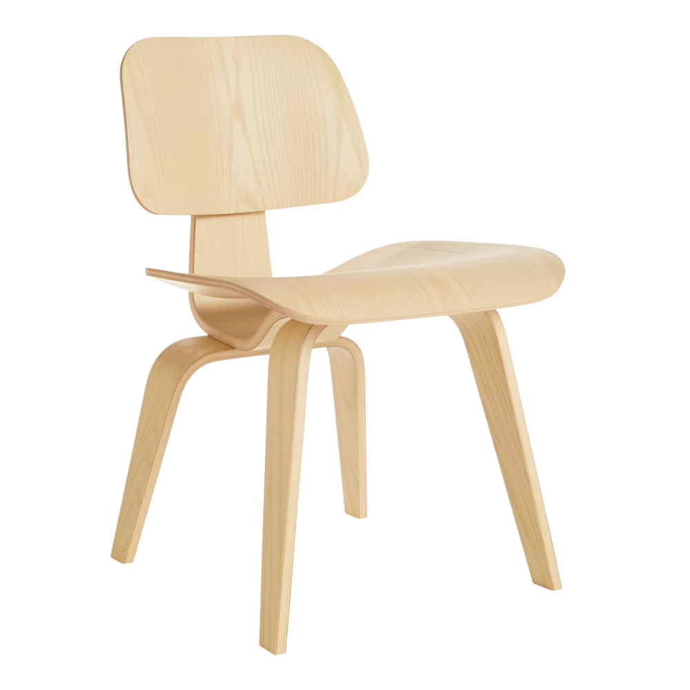 The white ash Eames Molded Plywood Dining Chair Wood Base from Herman Miller from an angle.
