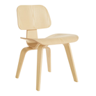 The white ash Eames Molded Plywood Dining Chair Wood Base from Herman Miller from an angle.