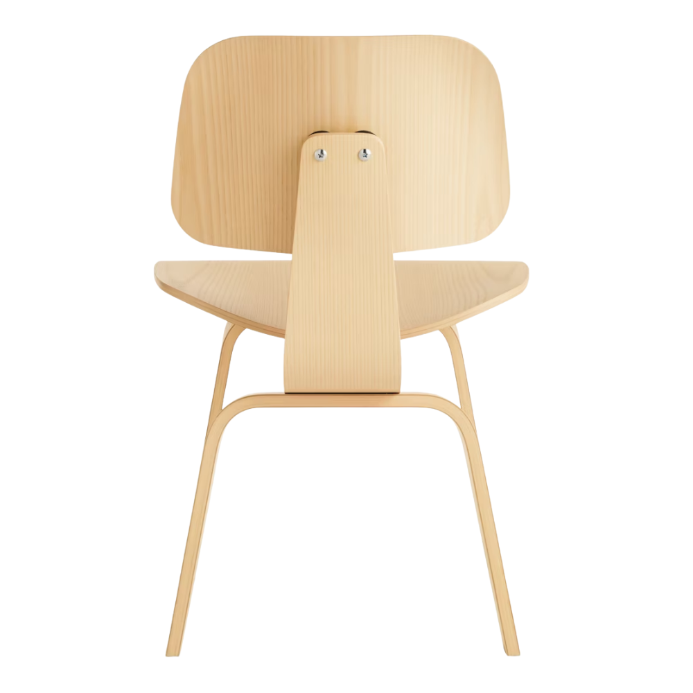 The white ash Eames Molded Plywood Dining Chair Wood Base from Herman Miller from the back.