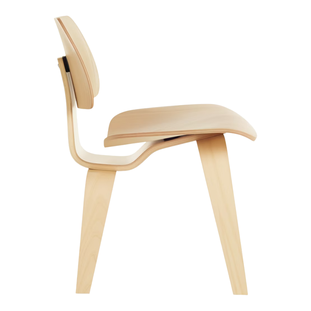The white ash Eames Molded Plywood Dining Chair Wood Base from Herman Miller from the side.