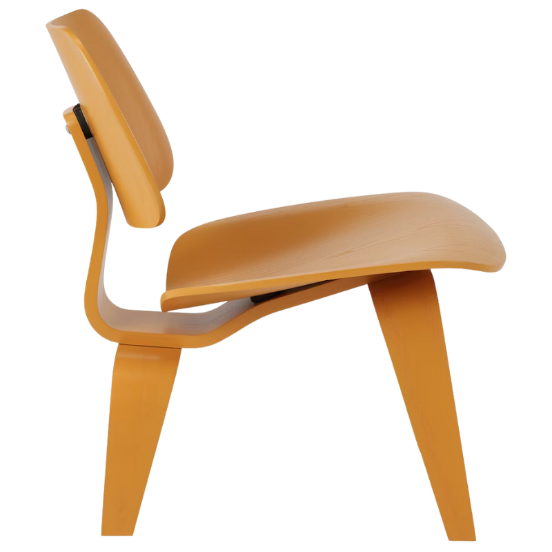 The Deep Yellow Stain Eames Molded Plywood Lounge Chair Wood Base from Herman Miller from the side.