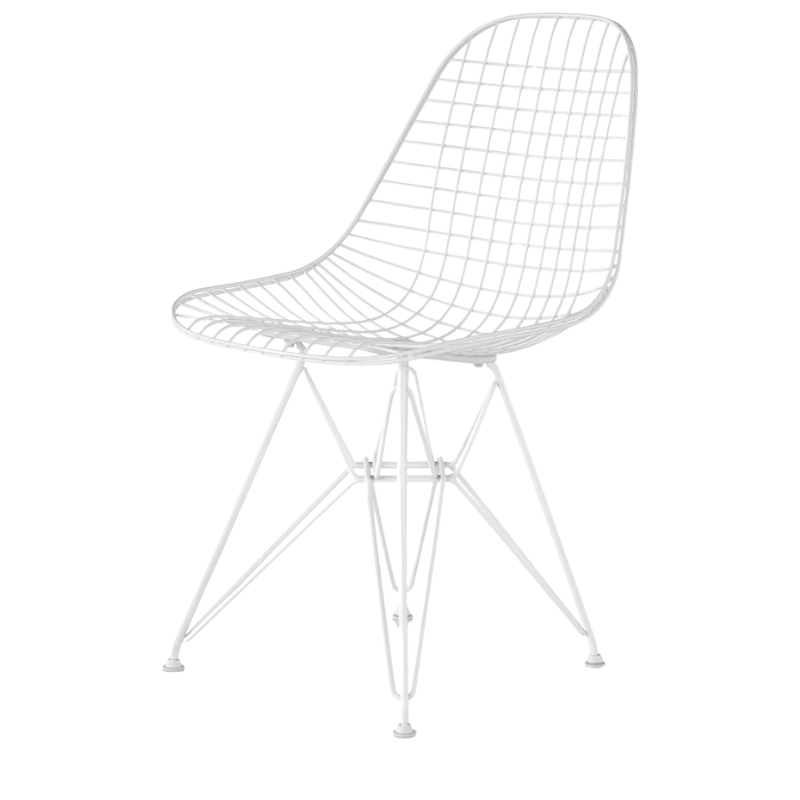 The white Eames Outdoor Wire Chair from Herman Miller from an angle.