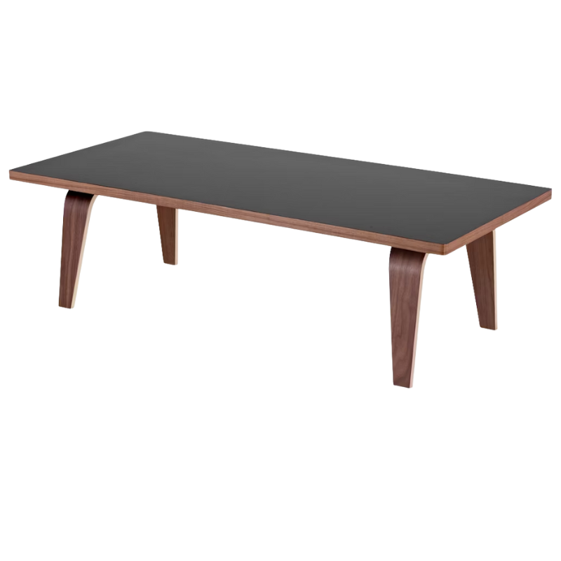 The 22 by 48 inch black and walnut laminate Eames Rectangular Coffee Table
