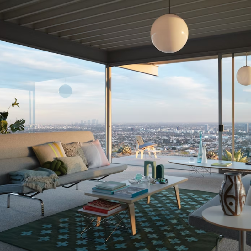 The studio white and ash laminate Eames Rectangular Coffee Table in a lounge space.