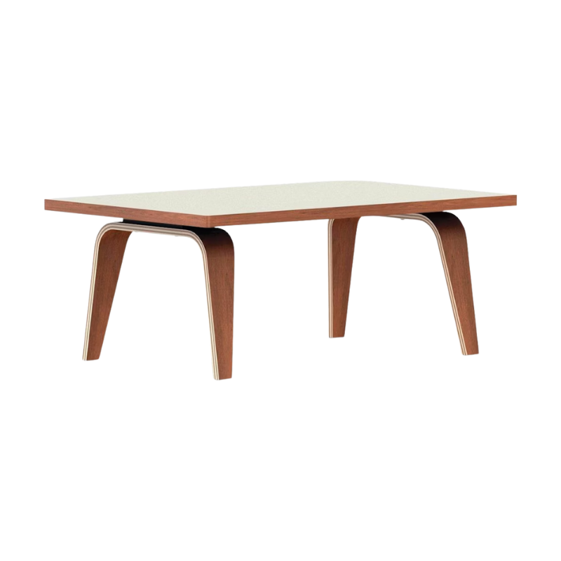 The 22 by 36 inch white and walnut laminate Eames Rectangular Coffee Table.
