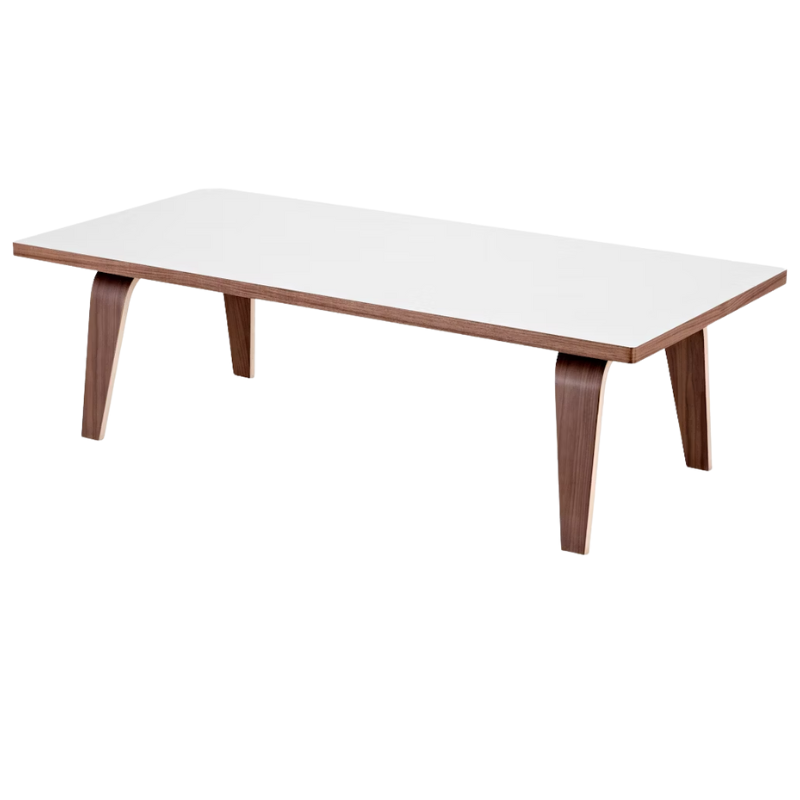 The 22 by 48 inch white and walnut laminate Eames Rectangular Coffee Table from an angle.