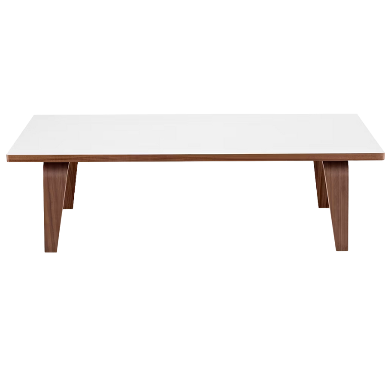 The 22 by 48 inch white and walnut laminate Eames Rectangular Coffee Table.