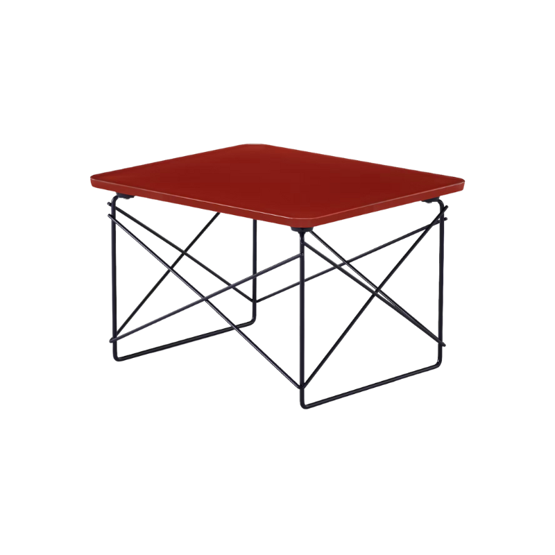 The iron red and black blue Eames Wire Base Low Table, Herman Miller x HAY from Herman Miller from an angle.