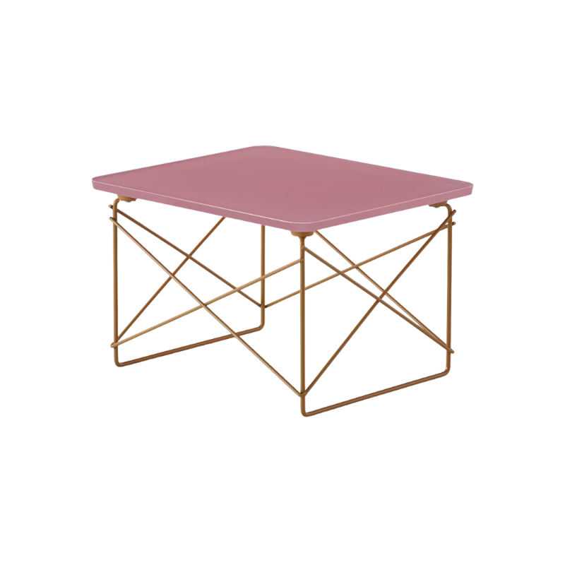 The powder pink and toffee Eames Wire Base Low Table, Herman Miller x HAY from Herman Miller at an angle.