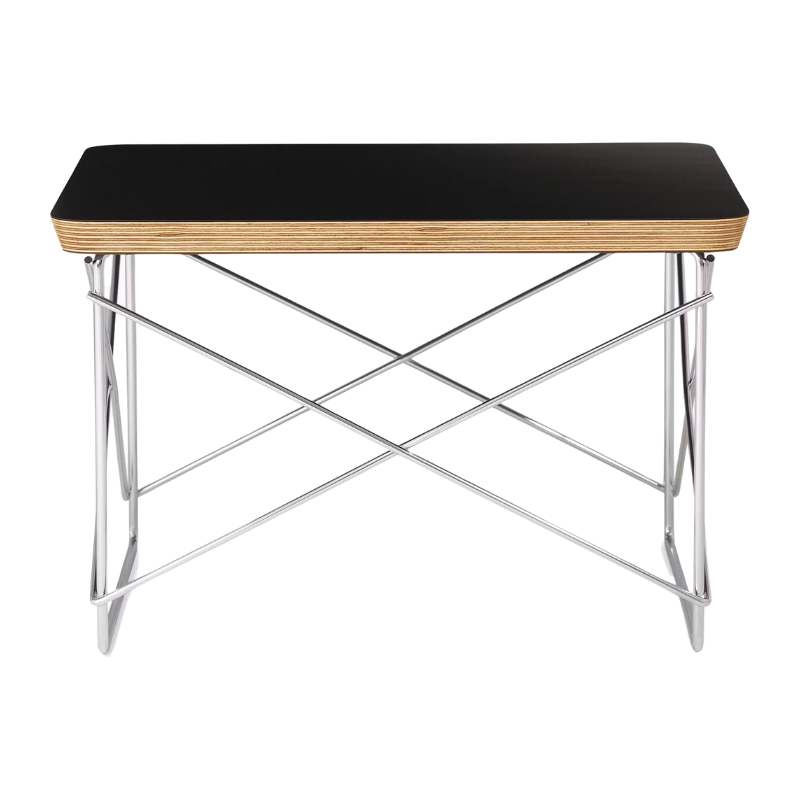 The Eames Wire Base Low Table from Herman Miller with the black laminate top and chrome base.