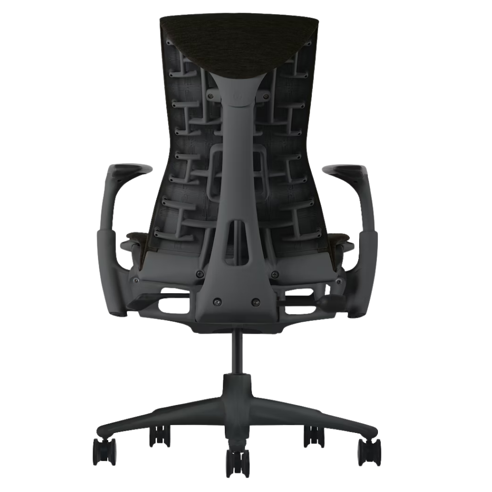 The Embody Chair from Herman Miller with black sync fabric, graphite and graphite frame, and hard floor or carpet casters from the back.