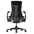 The Embody Chair from Herman Miller with black sync fabric, graphite and graphite frame, and hard floor or carpet casters from the back.