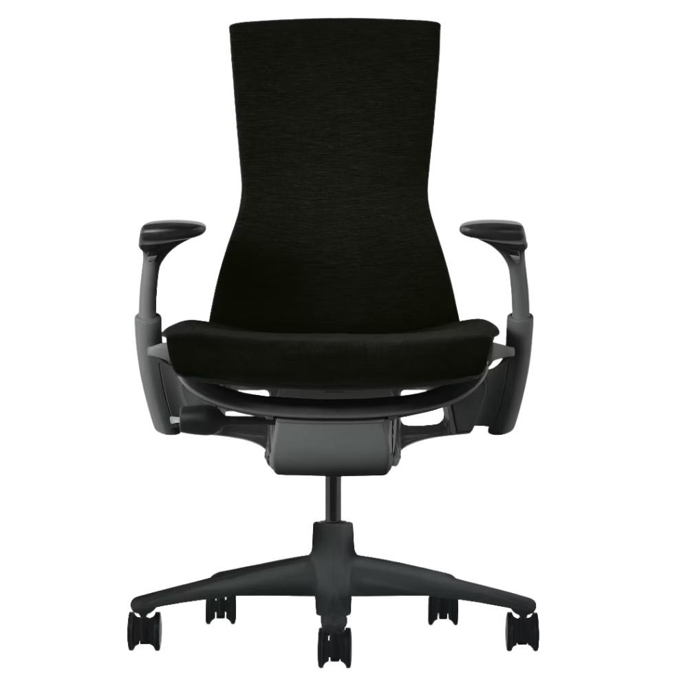 The Embody Chair from Herman Miller with black sync fabric, graphite and graphite frame, and hard floor or carpet casters from the front.