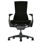 The Embody Chair from Herman Miller with black sync fabric, graphite and graphite frame, and hard floor or carpet casters from the front.