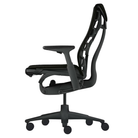 The Embody Chair from Herman Miller with black sync fabric, graphite and graphite frame, and hard floor or carpet casters from the side.